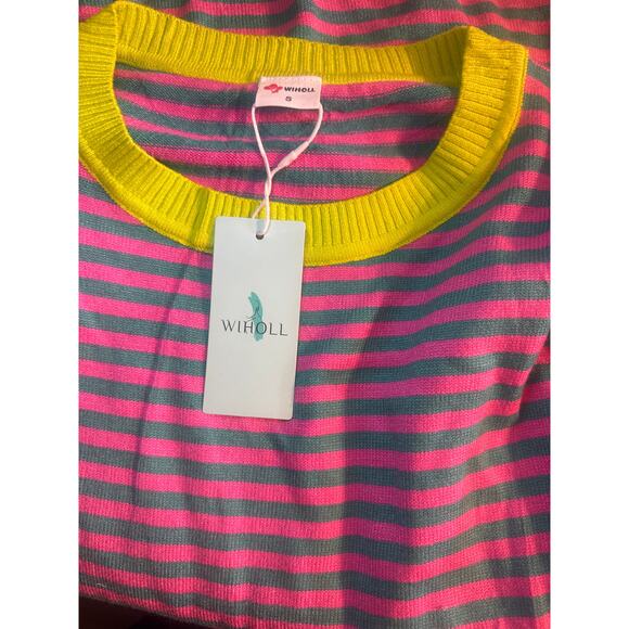 NWT Wihott Oversized Sweater Neon pink Teal Stripped Small - Picture 4 of 5